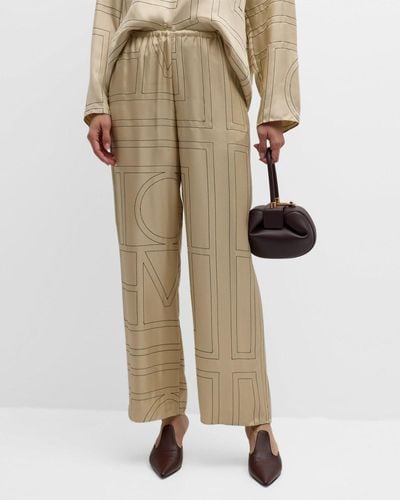 Totême Monogram-Embroidered Silk Pajama Pants - Natural