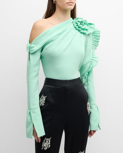 Hellessy Belle Ruffle Rosette One-shoulder Long-sleeve Crop Top - Green