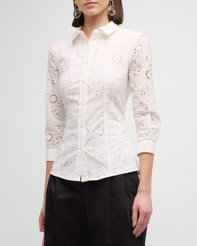 Carolina Herrera Broderie Anglaise 3/4-Sleeve Collared Shirt - White