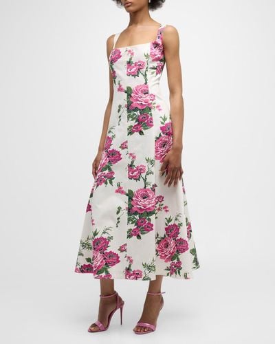 Carolina Herrera Floral-Print Square-Neck Midi Dress - White
