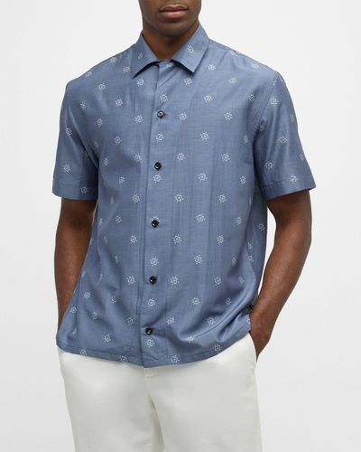 Brioni Cotton-Silk Geometric-Print Camp Shirt - Blue
