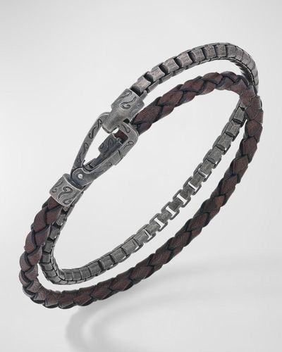 Marco Dal Maso Lash Double Wrap Leather Box Chain Combo Bracelet With Push Clasp - Metallic