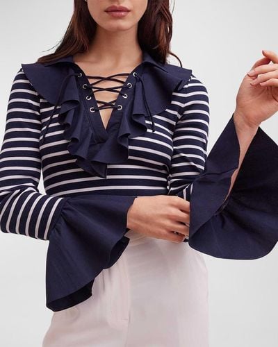 Anne Fontaine Coquillage Striped Bell-Sleeve Ruffle Top - Blue