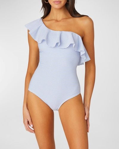Shoshanna Stripe Ruffled One-Piece Swimsuit - Blue