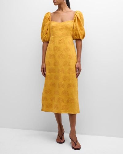 Cala De La Cruz Uti Puff-Sleeve Linen Midi Dress - Yellow