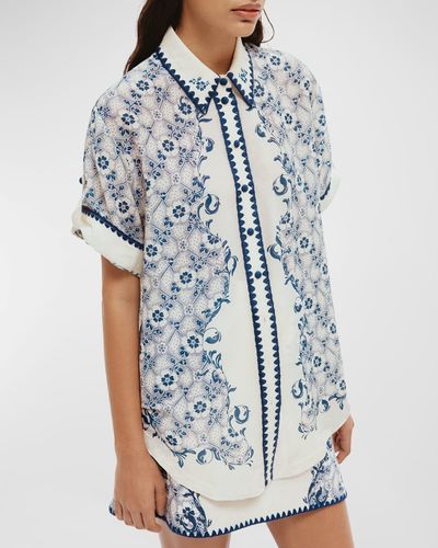 ALÉMAIS Airlie Point-Collar Floral-Print Cotton Silk Shirt - Blue