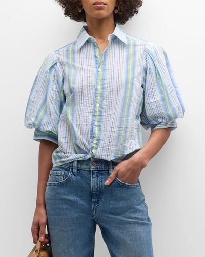 Finley Bomba Striped Puff-Sleeve Cotton Shirt - Blue
