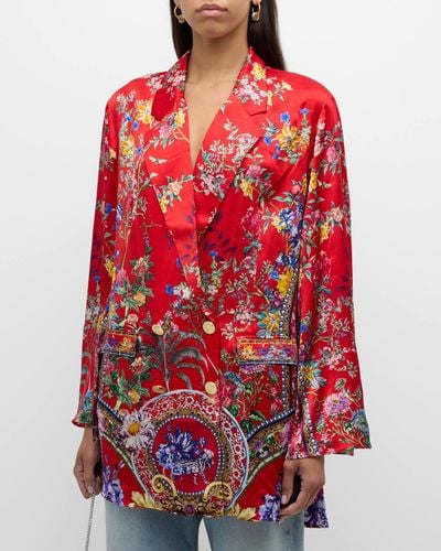 Camilla Flared-Sleeve Double-Breasted Floral Silk Jacket