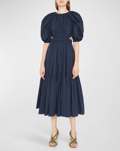 Ulla Johnson Claire Puff-sleeve Tiered Midi Poplin Dress - Blue
