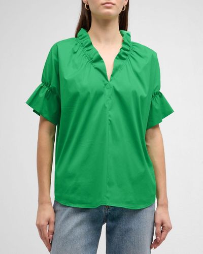 Finley Crosby Flounce Neck & Sleeve Silky Poplin Shirt - Green