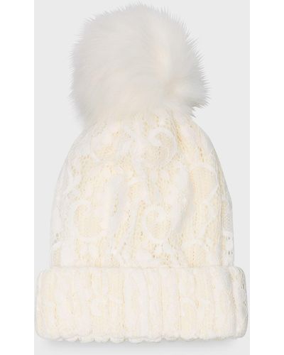 Adrienne Landau Lace Beanie With Faux Fur Pom - Natural