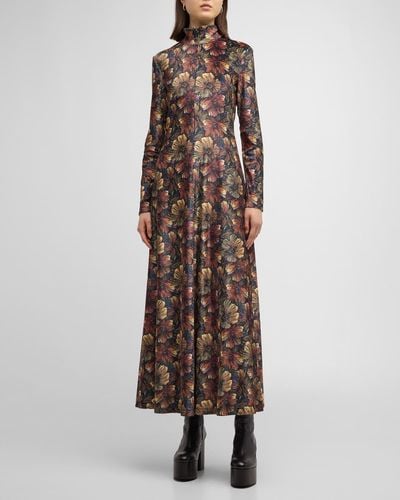 Rosetta Getty Floral-Print Velvet Jersey Zip-Up Turtleneck Maxi Dress - Brown