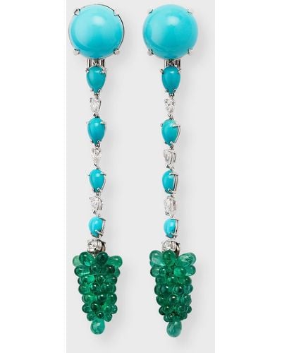 Staurino 18k White Gold Spaghetti Earrings With Turquoise, Diamonds And Emeralds - Green