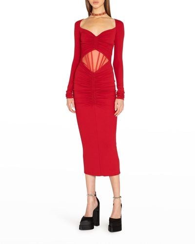 Versace Ruched Corset Mesh-Inset Midi Dress - Red