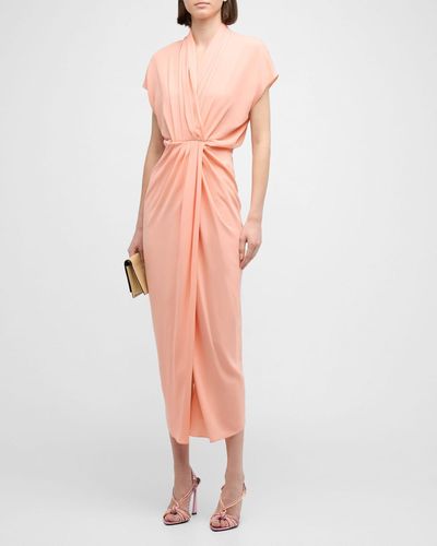 Giorgio Armani Gathered Silk Draped Midi Dress - Orange