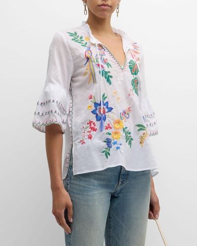Johnny Was Floral-Embroidered Cotton Blouse - White