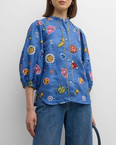 Maison Common Mixed Emoji Embroidered Linen Shirt Jacket - Blue