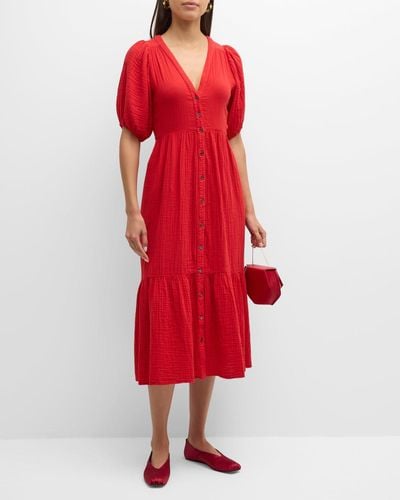 Xirena Lennox Blouson-Sleeve Cotton Gauze Midi Dress - Red