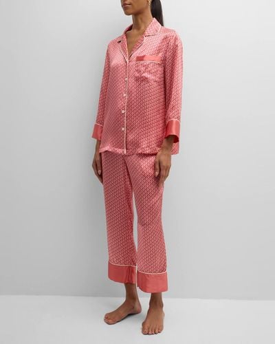 Neiman Marcus Printed Cropped Silk Charmeuse Pajama Set - Red