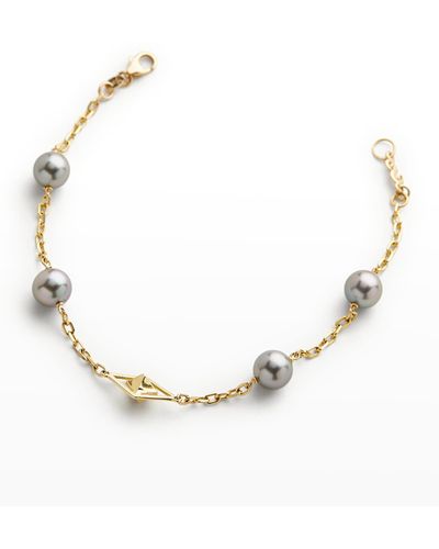Pearls By Shari 18k Yellow Gold 8mm Gray Tahitian 4-pearl And Cube Bracelet, 7"l - Natural