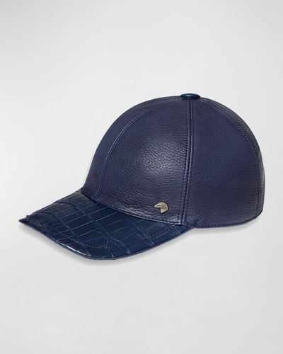 Stefano Ricci Leather Baseball Hat W/ Crocodile Trim - Blue