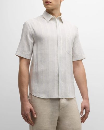 Zegna Linen-Silk Stripe Short-Sleeve Shirt - Gray