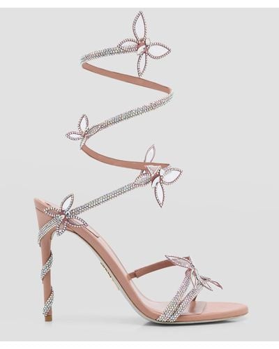 Rene Caovilla Margot Crystal Butterfly Snake-Wrap Sandals - White