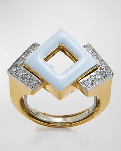 David Webb Double Diamond White Enamel Gold And Platinum Ring, Size 6.5 - Metallic