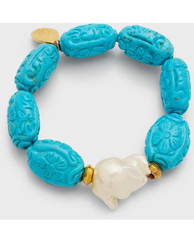 Devon Leigh Pearl And Carved Turquoise-colored Stretch Bracelet - Blue