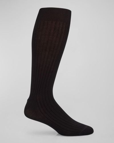 Neiman Marcus Ribbed Cotton Crew Socks - Black