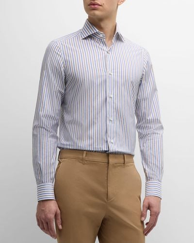 Isaia Cotton Multi-Stripe Sport Shirt - Gray