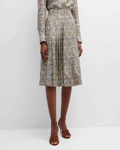 Tory Burch Pleated Abstract-print Midi Skirt - Natural