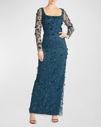 THEIA Hera Beaded Embroidered Column Gown - Blue