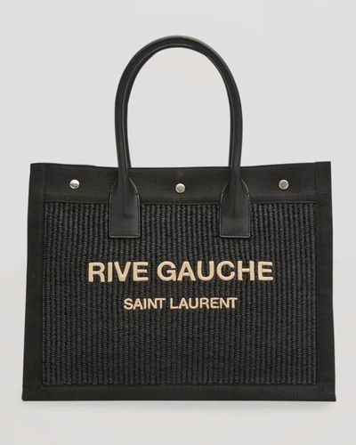 Saint Laurent Rive Gauche Small Tote Bag In Raffia - Black
