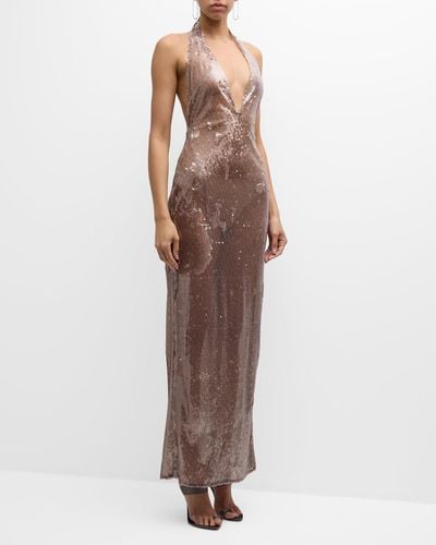 LAPOINTE Long Sheer Sequined Halter Column Dress - Brown