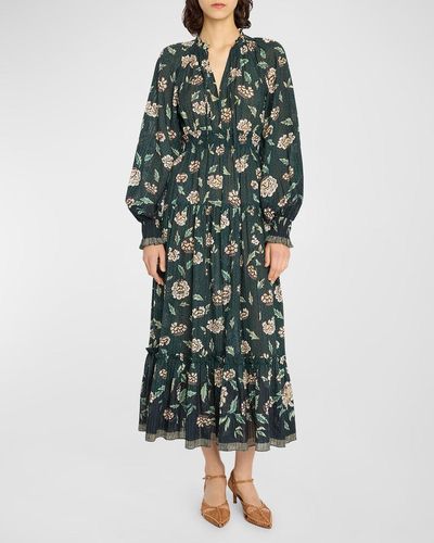 Ulla Johnson Katerina Puff-Sleeve Printed Midi Dress - Green