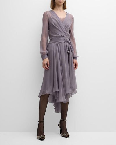 Alberta Ferretti Long-Sleeve Gathered Silk Wrap Dress - Purple