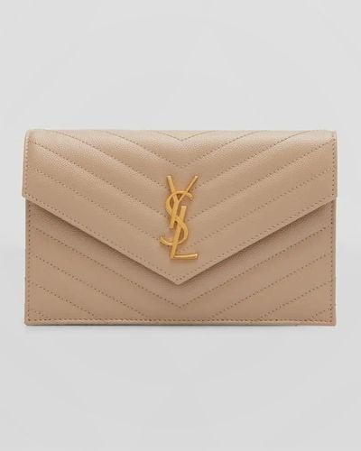Saint Laurent Cassandre Envelope Leather Wallet On Chain - Natural