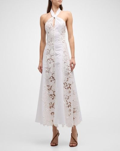 Oscar de la Renta Botanical Guipure Paneled Poplin Halter Maxi Dress - White