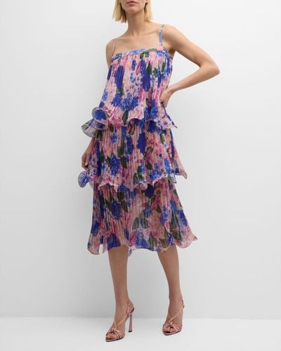 GIGII'S Neveda Pleated Floral-Print Tiered Midi Dress - Purple