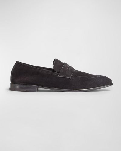 Zegna Suede Penny Loafers - Black