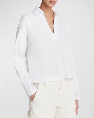 Vince Easy Cotton Long-Sleeve Pullover Polo Top - White