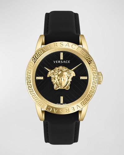 Versace V-Code Medusa Head Leather Strap Watch, 43Mm - Metallic
