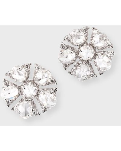64 Facets 18k White Gold Tulip Stud Earrings With Oval And Round Rose Cut Diamonds