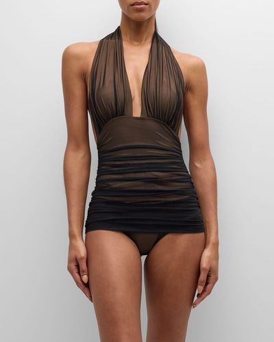 Norma Kamali Bill Ruched-mesh Halter Maillot Swimsuit, Black