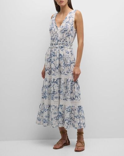 120% Lino Tiered Botanical-Print Linen Maxi Dress - Gray
