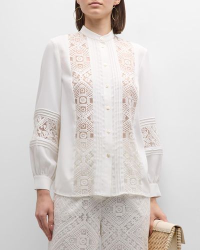 Misook Pintuck Lace-inset Crepe De Chine Blouse - White