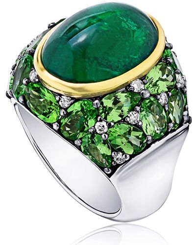 Alexander Laut Emerald Oval Ring With Tsavorite And Diamonds, Size 7 - Green