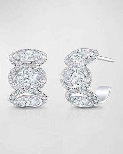 Rahaminov Diamonds 18k White Gold 6 Oval Diamond And Halo Huggie Earrings - Metallic