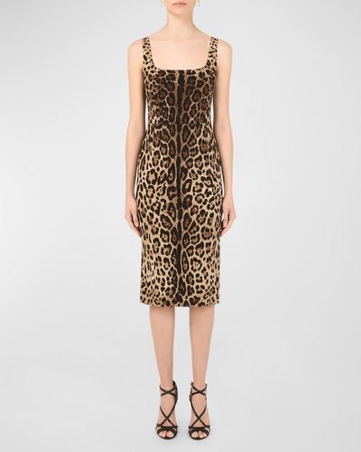 Dolce & Gabbana Leopard Print Stretch Silk Midi Sheath Dress - Brown